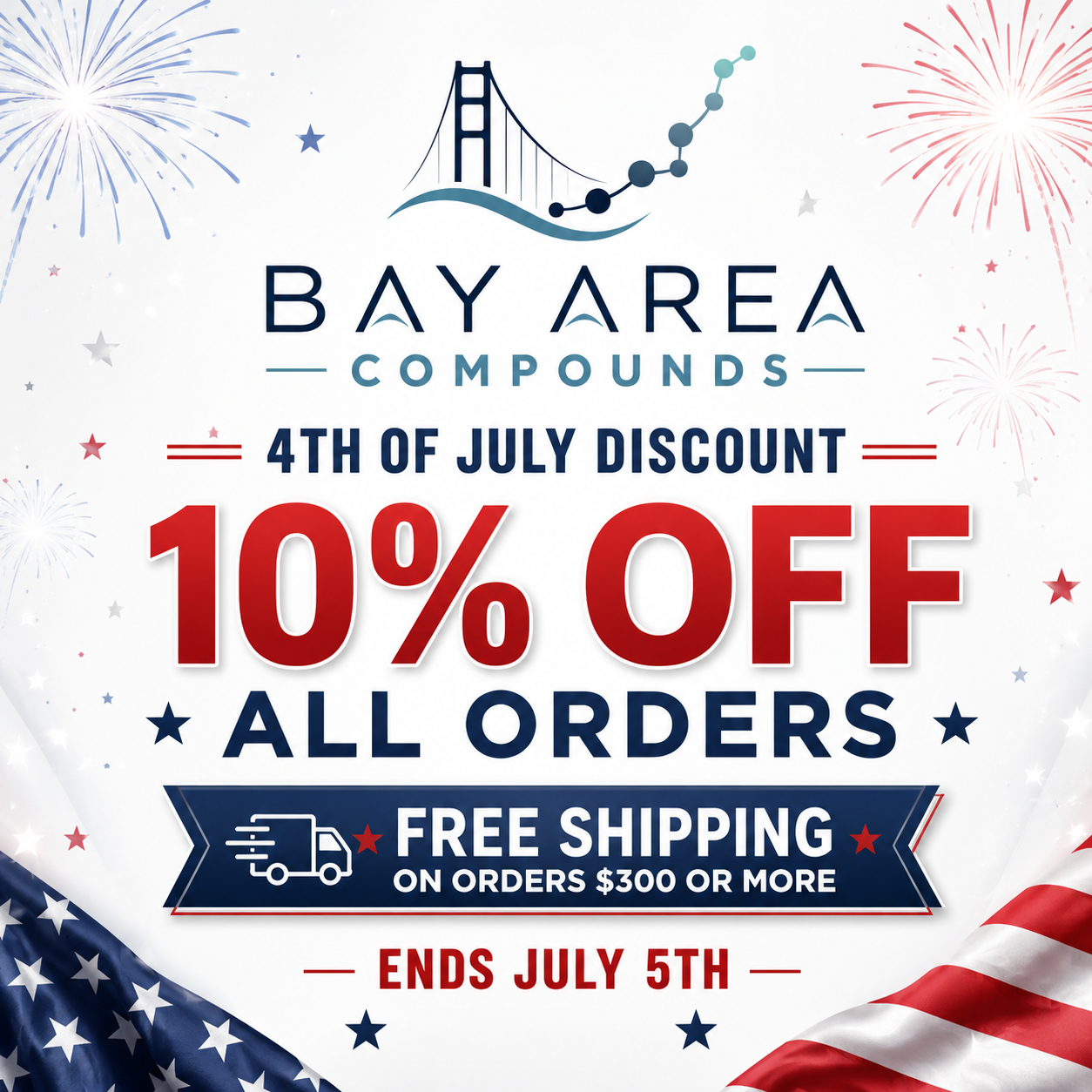 4th of July Discount — 10% off all orders. Free shipping on orders $300 or more. Ends July 5th.